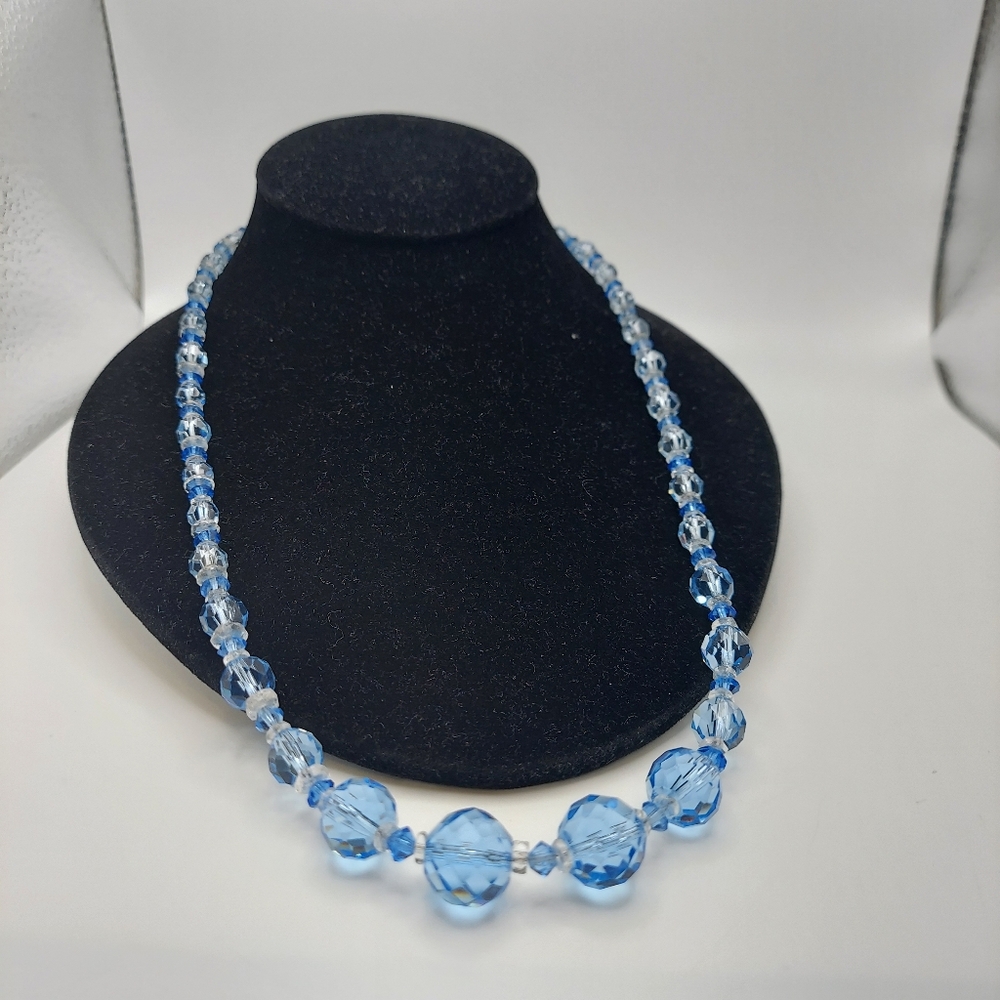 Vintage Faceted Blue Crystal Necklace 11",22" w/Unique Vintage Sphere Clasp, GC.